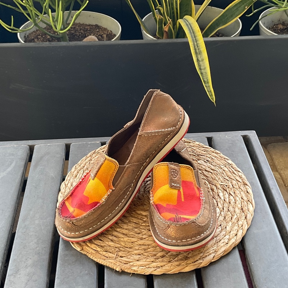 Ariat Brown Suede Moccasins with Red & Orange Canvas Panels